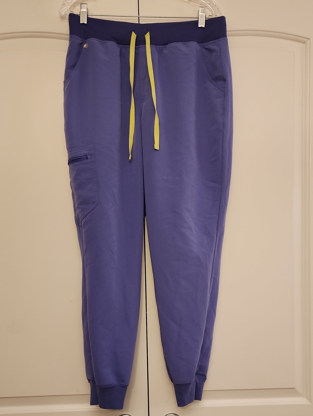 Figs Women's Lavender Scrubs with Navy Waistband and Yellow Drawcord